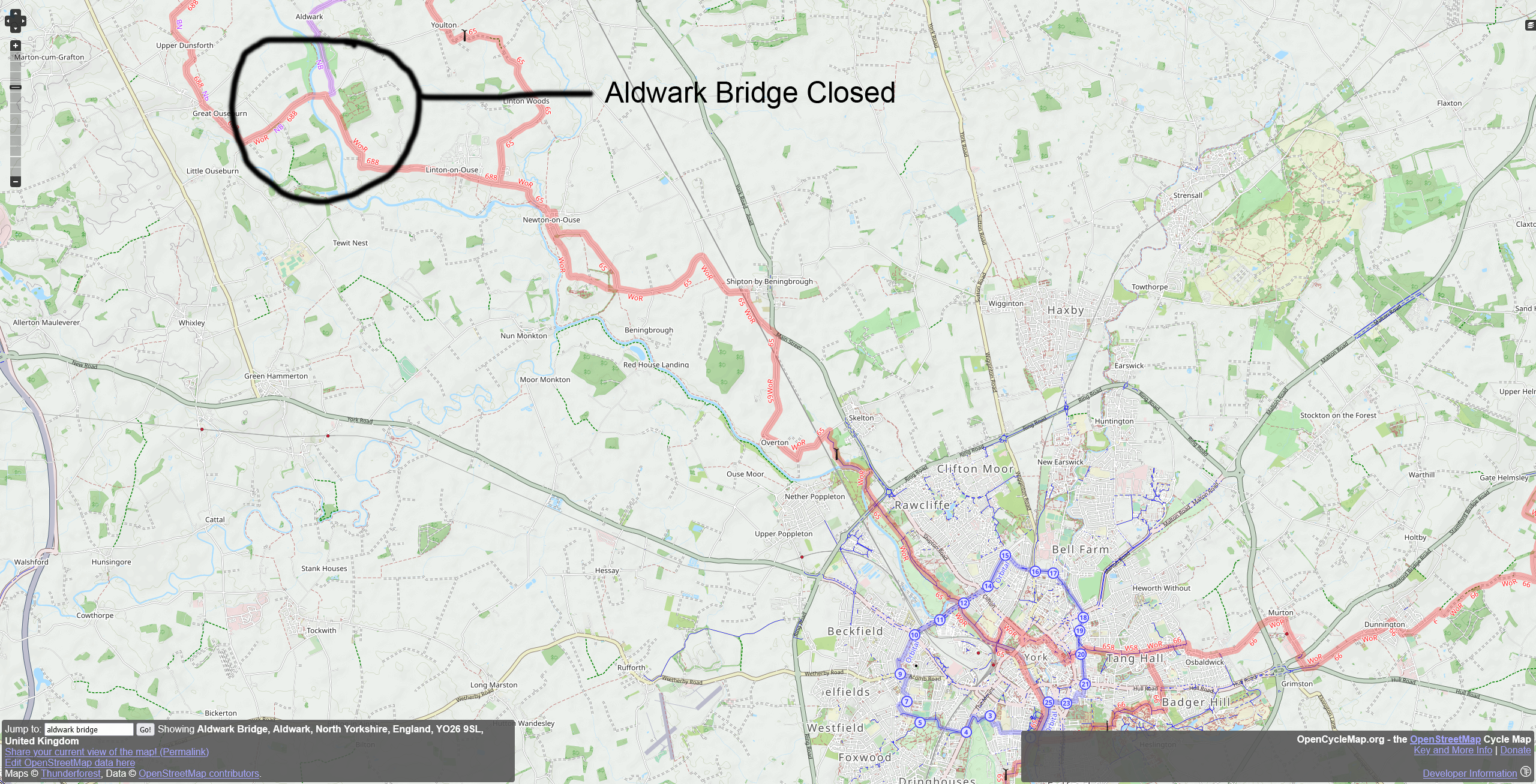 MAp showing location of Aldwark Bridge